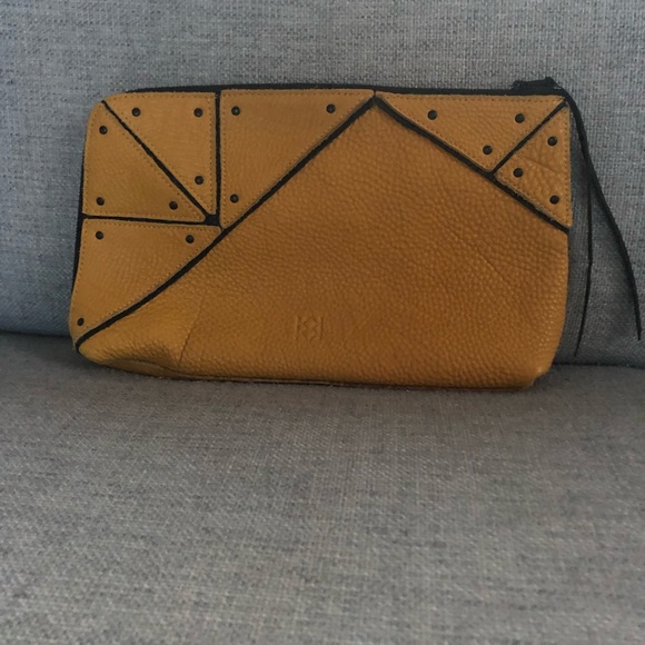 Vegan leather, mustard yellow with black trims clutch. - Picture 1 of 4